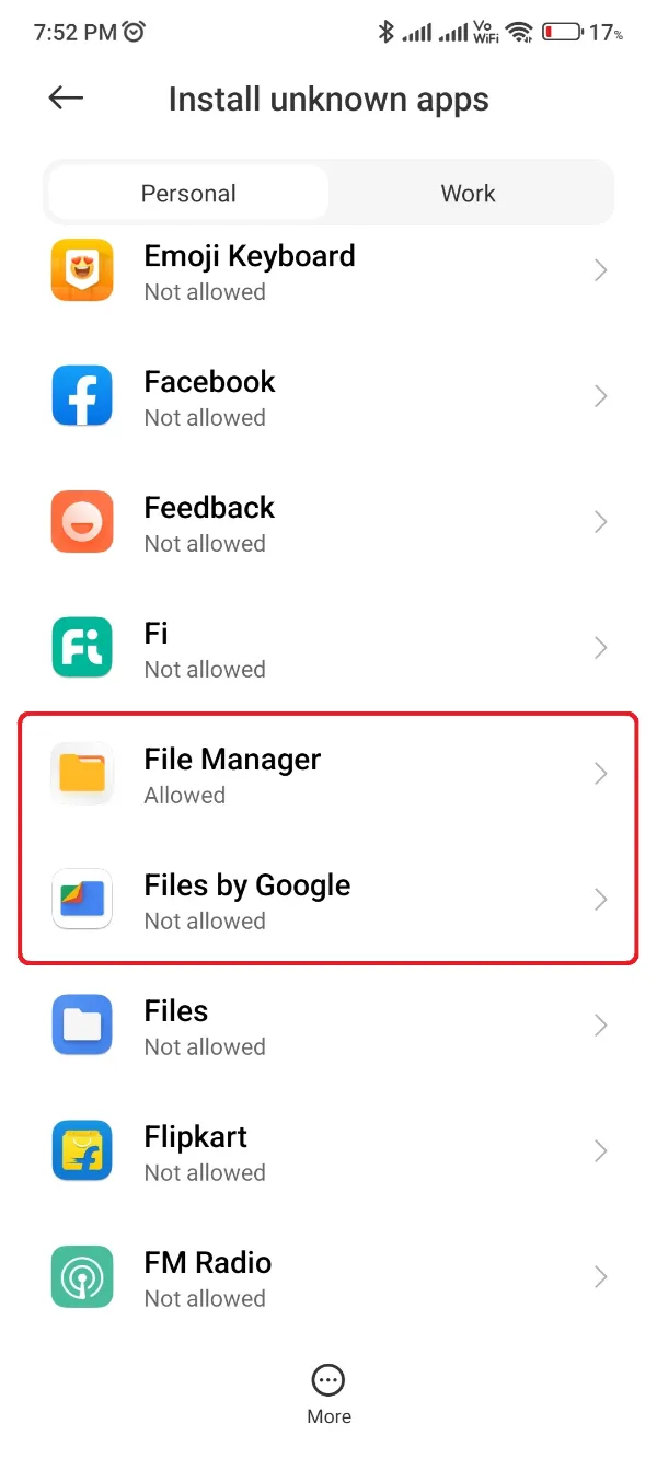 Permitir la instalación de fuentes desconocidas para la aplicación File Manager